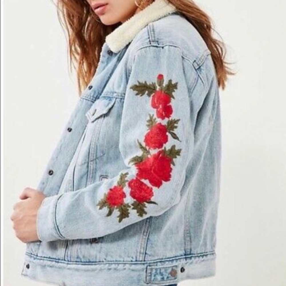 Embroidered Denim Jacket with Red Floral Design